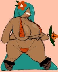 1girls areolae big_breasts bikini blue_hair blush blushing breasts cookie cookie_run female flower flower_in_hair hordra_art huge_breasts long_hair navel smile thick_thighs thighs tiger_lily_cookie tiger_print weapon