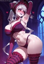 shalltear_bloodfallen overlord_(maruyama) bonnet gothic_lolita grey_hair long_hair ponytail vampire white_hair lolita_fashion red_eyes big_breasts large_breasts 1girl thick_thighs perfect_legs blush arzagod ai_generated tagme lingerie stockings striped_legwear gloves makeup arm_up armpits