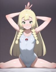 ai_generated bare_legs beautiful_girl blonde_hair flat_chest green_eyes gymnastics heavenly_body lillie_(pokemon) long_hair open_legs petite_female posing pretty_girl sexy_pose slim_female slim_waist slutty_body slutty_female small_breasts temptation tempting_viewer