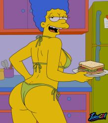 ass ass_focus bikini blue_hair food idexcdi imminent_sex kitchen kitchen_utensils marge_simpson naughty_face open_mouth pinup sandwich sensual the_simpsons tight_clothing waist_grab