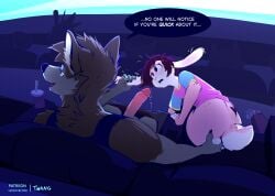 absurd_res anal anal_fingering anthro balls blue_(randombrosefy) blue_eyes bodily_fluids bottomless brown_body brown_fur canid canine canis chair clothed clothing duo ear_pull english_text erection fingering fur furniture gay gay_male genital_fluids genitals hi_res inside lagomorph leporid looking_aside male male/male mammal movie_theater multicolored_body multicolored_fur on_chair penis pink_body precum public rabbit shorty_(shortybuns) sitting sitting_on_chair smile speech_bubble surprised tail tattoo text twang two_tone_body two_tone_fur wolf yaoi