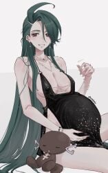 1girl ahoge alternate_breast_size_(larger) androgynous artist_name black_dress blush bracelet breasts bright_pupils covered_nipples cropped_legs dress ear_piercing earrings elite_four green_hair highres holding_belly jewelry large_breasts long_hair mtkpasta necklace nipple_chain on_floor paldean_wooper parted_lips piercing plunging_neckline pokemon pokemon_(species) pokemon_scarlet_and_violet pregnant red_eyes rika_(pokemon) side_slit sideboob sitting sleeping smile solo twitter_username very_long_hair waving white_background white_pupils