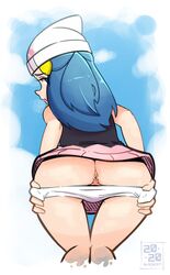 1girls 2020 anus ass blackcat18up blue_eyes blue_hair dated dawn_(pokemon) eye_contact long_hair looking_at_viewer looking_back nintendo panties panties_down pokemon pokemon_dppt skirt thighs