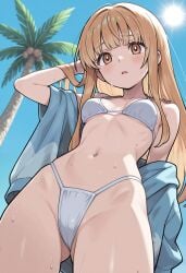 brokewyt ai_generated cuckold cheating uncensored shiina_mahiru otonari_no_tenshi-sama_ni_itsu_no_mani_ka_dame_ningen_ni_sarete_ita_ken 1girl solo long_hair breasts looking_at_viewer blush open_mouth bangs blonde_hair navel brown_eyes swimsuit bikini sweat small_breasts outdoors sky day tree blue_sky ass_visible_through_thighs white_bikini from_below palm_tree