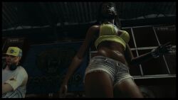 1boy 1girls 3d 3d_(artwork) 3dcg black-haired_female bracelet character_request cleavage cutscene dark-skinned_female denim_shorts emotionless emotionless_female expressionless game_cg game_screenshot headphones jean_shorts long-haired_female max_payne_(series) max_payne_3 navel necklace official_art rockstar_games source_request tomboyish