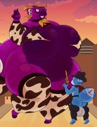 mrmadmoai_(artist) bloons_tower_defense ninja_kiwi big_airship_of_doom massive_ornary_air_blimp 1boy1girl cowboy_hat cowboy cowgirl cowgirl_outfit cow_bell cowbell cowbell_collar cow_bell_collar thigh_highs half_naked jets jet v_sign back_view balls ballsack belt 2026 2d alternate_version_at_source purple_body purple_skin blue_body blue_skin living_aircraft aircraft aircraft_humanoid anthro voluptuous voluptuous_female curvy curvy_figure revolver bikini smiling smiling_at_viewer looking_back big_breasts large_breasts huge_breasts belly big_belly large_belly bbw wide_hips hips large_hips thighs thick_thighs large_thighs areolae belly_button tail ass big_ass large_ass