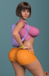 1girls 3d ass athletic athletic_female backpack bag bangs big_breasts bob_cut breasts brown_eyes brown_hair busty clothed crop_top dark_skin dora_and_the_lost_city_of_gold dora_marquez dora_the_explorer eyeshadow female female_focus female_only hagiwara_studio half_smile hands_on_hips hourglass_figure human large_breasts latina looking_at_viewer makeup navel nickelodeon orange_shorts short_hair shorts skimpy solo thick_thighs wide_hips wristwear