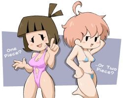 2girls bikini confident mob_face nervous no_nudity oc one-piece_swimsuit squogs