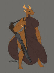 absurd_res ace0t0nic anthro balls big_balls big_breasts big_penis breasts dragon erection genitals grey_background gun gynomorph hi_res horn huge_balls huge_penis humanoid_genitalia humanoid_penis hyper hyper_balls hyper_genitalia hyper_penis intersex mythological_creature mythological_scalie mythology nude penis ranged_weapon rifle scalie simple_background solo standing tail thick_thighs weapon wide_hips yellow_eyes