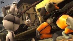 16:9 1_eye 2025 3d_(artwork) animate_inanimate areola big_areola big_breasts big_butt breasts bubble_butt butt car combine combine_assassin covering covering_crotch crouching crowbar curvy_figure cybernetics cyborg detailed_background digital_media_(artwork) female genitals grey_body group gun half-life half-life_(series) headless hev_suit hi_res hiding holding_gun holding_object holding_ranged_weapon holding_weapon hourglass_figure huge_areola huge_breasts huge_butt huge_hips huge_thighs humanoid living_armor living_clothing machine multicolored_body nipples not_furry nude nude_female nude_humanoid orange_body ordinary_pictures outside plant plump_labia puffy_nipples ranged_weapon robot robot_humanoid source_filmmaker_(artwork) thick_thighs tools tree trio two_tone_body valve vehicle voluptuous voluptuous_female voluptuous_humanoid vulva watermark weapon white_body wide_hipped_female wide_hipped_humanoid wide_hips widescreen