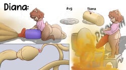 anthro balls big_balls big_penis bodily_fluids bottomless brown_body brown_fur brown_hair clothed clothing cum cum_logs cutlery deer diana_(icysaitex) english_text excessive_cum excessive_genital_fluids excessive_urine eyes_closed fork fur genital_fluids genital_raphe genitals giant_sperm hair hi_res huge_balls huge_penis kitchen_utensils male mammal masturbation one_shoulder_out ovum peeing peeing_into_toilet penis pink_clothing pink_shirt pink_topwear raphe_(anatomy) saggy_balls scrotal_raphe scut_tail senordraws sex_toy shirt short_tail smegmafied_cum solo sperm_cell sperm_dominating_ovum sperm_size_difference steam step_stool tail text thick_cumshot toilet tools topwear urine
