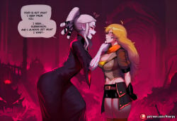 2girls female ahoge blonde_hair breasts nipples erect_nipples english_text hair_bun jacket large_breasts long_hair pants red_eyes speech_bubble white_hair yang_xiao_long abs ai_generated aroused blush breath aroused_face athletic toned athletic_female big_ass big_butt big_breasts big_thighs thick_thighs caption comic comic_page comics curvy hourglass_figure curvy_body curvy_female curvy_figure cute cute_face english hoorpy patreon_username petite petite_body petite_breasts petite_female sexy sexy_body sexy_pose story text thighs voluptuous voluptuous_female patreon patreon_logo standing eye_contact looking_at_another rwby salem_(rwby) heart heart_symbol grabbing_another's_chin leaning_forward