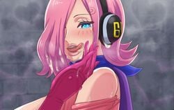 1girls :p after_fellatio after_oral blue_eyes cum_in_mouth cum_on_tongue female female_only headphones heart-shaped_pupils licking_lips mikanberry naughty_face one_piece pink_hair princess raid_suit source_request swallowing swallowing_cum tongue tongue_out vinsmoke_reiju