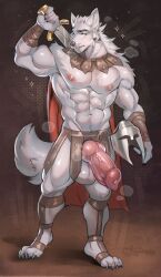 5_fingers abs absurd_res animal_genitalia animal_penis anthro areola balls biceps big_balls big_muscles big_penis black_claws black_eyebrows black_nose black_pawpads canid canine canine_genitalia canine_penis claws erection eyebrows fangs fingers full-length_portrait fur genitals hair hi_res holding_melee_weapon holding_object holding_sword holding_weapon knot knotted_penis male mammal melee_weapon monotone_body monotone_fur muscular muscular_legs navel nipples pawpads pecs penis pink_areola pink_nipples portrait sadmishutka_(artist) short_hair snout solo standing sword tail teeth vein veiny_penis warrior weapon white_body white_fur white_hair white_tail yellow_eyes