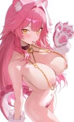 anska hololive hololive_english raora_panthera absurdres commentary english_commentary highres 1girl :p animal_ears animal_hands animal_print breasts center-flap_bangs chain cleavage completely_nude double-parted_bangs extra_ears fang female_pubic_hair gloves gold_chain hand_up large_breasts long_hair looking_at_viewer multicolored_hair navel nipple_chain nude open_mouth panther_ears panther_girl panther_tail paw_gloves piercing pink_hair pubic_hair sidelocks simple_background skin_fang smile solo stomach streaked_hair swimsuit tail tongue tongue_out tongue_piercing very_long_hair virtual_youtuber white_background white_streaks yellow_eyes