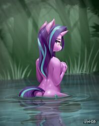 1girls anthro anthrofied ass dock equine female female_only forest friendship_is_magic holding_breast iloota my_little_pony naturally_censored nature nude outdoors partially_submerged purple_body purple_fur rear_view sideboob solo starlight_glimmer tasteful_nudity unicorn water