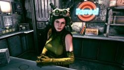 1girls 3d 3dcg absurd_res armwear bare_shoulders bartender bethesda_softworks game_cg goggles_on_head green_armwear green_dress green_eyes h4ze highres huge_breasts id_software mel_(rage) minidress nightvision radio rage_(game) source_request standing text tomboy
