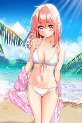 1girls adorable alternative_costume baby_face bangs bare_shoulders beach bikini blue_sky blush braid breasts clavicle cleavage cowboy_shot cute day female front-tie_bikini front-tie_top hair_ornament hair_ribbon halterneck high_resolution horizon hourglass_figure jacket kanojo_okarishimasu looking_at_viewer medium_breasts mountainous_horizon navel off_shoulder outdoors palm_tree pink_jacket piyopoyo red_eyes red_hair ribbon sakurasawa_sumi sand shell side-tie_bikini single_braid sky solo starfish stomach string_bikini swimsuit thighs tied_hair tree very_high_resolution water wavy_mouth white_bikini white_swimsuit wide_hips