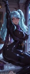 ai_generated backdoorsenpai 1girl purple_eyes blue_hair long_hair twintails swept_bangs sidelocks medium_breasts purple_scarf black_bodysuit gold_trims purple_gem black_gloves black_belt thigh_straps curvy wide_hips thick_thighs big_ass large_breasts thighs ass perky_breasts egao naughty_face naugty_eyes ahoge arm_up blush feet foot_out_of_frame hand_on_own_arm looking_at_viewer sitting solo stretching toes waking_up epsilon_(the_eminence_in_shadow) the_eminence_in_shadow kage_no_jitsuryokusha_ni_naritakute!