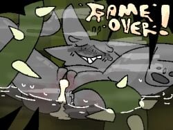 ambiguous_gender anthro blush blushing_profusely bodily_fluids brambles cat_(jtlavaman) cum domestic_cat dungeon_mauler duo elemental_creature excessive_cum excessive_genital_fluids felid feline felis female flora_fauna forced from_front_position game_over gameplay_mechanics genital_fluids jtlavaman looking_down low_res lying male male/female mammal missionary_position nude on_back partially_submerged pawpads plant rough_sex scratches sex shocked spikes spikes_(anatomy) steam swamp sweat worried