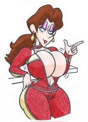 nintendo pauline pauline_(mario) pauline_(aero) huge_breasts big_ass tight_clothing cleavage simple_background katerina_angela pale_skin pale-skinned_female 1girls female female_only red_lipstick track_suit mario_(series)