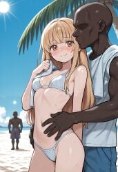 brokewyt ai_generated cuckold cheating uncensored shiina_mahiru otonari_no_tenshi-sama_ni_itsu_no_mani_ka_dame_ningen_ni_sarete_ita_ken 1girl long_hair breasts looking_at_viewer blush smile bangs blonde_hair shirt navel brown_eyes closed_mouth swimsuit hetero bikini sweat small_breasts outdoors multiple_boys sky day dark_skin 2boys tree blue_sky white_bikini beach dark-skinned_male towel faceless faceless_male palm_tree interracial sun bald