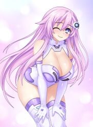 1girls artist_request bodysuit breasts clothed compile_heart gloves hair_ornament hands_on_thighs huge_breasts idea_factory leaning_forward long_gloves long_hair nepgear neptunia_(series) one_eye_closed pink_hair power_symbol-shaped_pupils purple_eyes purple_hair purple_sister smile thick_thighs thighhighs