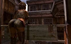 1girls 3d 3d_(artwork) 3dcg armwear ass ass_cleavage ass_focus bare_shoulder beautiful_woman belted_shorts beltshorts bethesda_softworks brown-haired_female brown_stockings cartridge denim_shorts edited_screencap femsub filter filtered game_cg heavenly_ass id_software jean_shorts leaning_forward low_res low_resolution lowres mature_woman mechanic rage_(game) sarah_yeoman short-haired_female shotgun_shells source_request srk_(s.e.m.e.n) stockings thighhighs unbothered