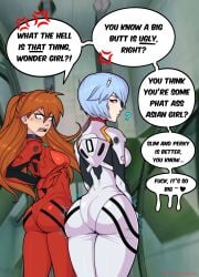 2girls angry ass ass_focus ass_size_difference asuka_langley_sohryu big_ass blue_hair bottom_heavy breasts clothed clothing dialogue duo envy female female_only hourglass_figure huge_ass jealous large_ass neon_genesis_evangelion orange_hair petite plugsuit red_eyes rei_ayanami short_hair sideboob slim_waist small_breasts speech_bubble standing text thick thick_ass thick_thighs thighs tight_clothing twintails vein wide_hips zankasen