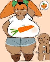 1boy 1girls booty_shorts breasts carrot carrot_cookie cookie cookie_run eyes_closed female giant_breasts gingerbrave hand_on_head heart_symbol hordra_art huge_breasts male orange_hair speed_trying_not_to_laugh sweat thick_thighs thighs