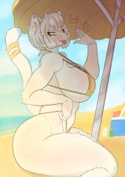 1girl 1girls beach beach_background beach_umbrella beverage breasts cat_ears cat_tail catgirl felid feline female female_focus female_only gold_bikini gold_earrings gold_eyes gold_jewelry golden_bikini golden_eyes heat_(temperature) katriot kemono kemonomimi looking_back monster_energy oc pulling_clothing pulling_panties sitting sweat sweatdrop sweating sweaty sweaty_body swimsuit swimwear tongue_out white_body white_fur white_hair