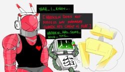 basslapping die_of_death_(roblox) die_of_death badware_(die_of_death) badware killdroid_(die_of_death) killdroid harken_(die_of_death) talking_to_another robot ambiguous_gender non-human creature headcanon headcanons feminine_male smoking_cigarette smoking funny joke_art