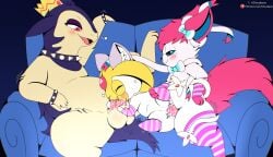 absurd_res animal_genitalia anthro balls big_balls big_butt big_penis blush bodily_fluids butt clothed clothing cloudeon cum cum_in_mouth cum_in_vagina cum_inside cum_on_face digital_media_(artwork) eeveelution erection fellatio female female_penetrated feral fur generation_2_pokemon generation_4_pokemon generation_6_pokemon genital_fluids genitals group group_sex hair hi_res huge_balls huge_butt huge_hips huge_penis huge_thighs hyper hyper_balls hyper_genitalia hyper_penis leg_grab legendary_pokemon legs_up legwear lying male male/female male_penetrating male_penetrating_female mammal nintendo nude on_back open_mouth oral oral_penetration penetration penile penis pokemon pokemon_(species) sex simple_background size_difference smoothie_(sylveon) spitroast spread_legs spreading stockings sylveon tail thick_thighs threesome tongue trio typhlosion uxie vaginal vaginal_penetration vulva white_body wide_hips