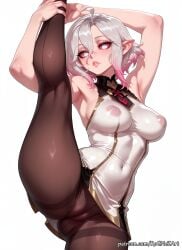 1girl 2026 ai_generated anime armpits arms_up black_pantyhose breasts briar_(league_of_legends) cameltoe cleavage covered_navel covered_nipples crossover dress elf eye_contact female female_focus gradient_hair grey_hair hair_between_eyes highres league_of_legends leg_up lips looking_at_viewer medium_breasts multicolored_hair nsfw pantyhose patreon patreon_username pink_eyes pink_hair pointy_ears riot_games rognezart see-through short_hair simple_background solo split standing standing_on_one_leg standing_split thighband_pantyhose white_background