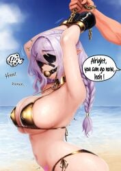 !? 1boy 1girl ? armpits arms_up ball_gag barbariank bdsm beach bikini blindfold blindfolded blue_eyes blue_sky bondage bondage_mittens bound bound_arms braid breasts chain cleavage cloud collar commentary covered_erect_nipples covered_eyes cuffs day drool drooling english_commentary english_text facing_viewer female flying_sweatdrops gag gag_harness gagged gold_bikini gold_collar golden_week hair_between_eyes hetero highres holding_blindfold holding_gag huge_breasts long_hair looking_at_viewer metal_collar open_mouth original out_of_frame outdoors pointy_ears purple_hair restrained revealing_clothes saliva shackles side-tie_bikini_bottom skimpy_clothes sky slave solo_focus speech_bubble squiggle string_bikini sweat swimsuit text unworn_blindfold unworn_gag