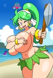 asha_(monster_world) wonder_boy_(series) asha_in_monster_world adventure_island topless huge_breasts covering_breasts areola_slip green_hair thick_thighs no_panties leaf_skirt 2026 big_breasts purple_eyes looking_at_viewer wink katherinemouse 1girls