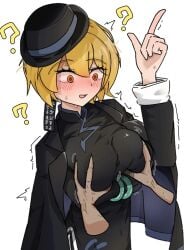 1boy 1girl absurdres between_breasts black_coat black_dress black_gloves black_hat blonde_hair blush breasts breasts_squeezed_together china_dress chinese_clothes cinq_association_(identity)_(project_moon) coat coat_on_shoulders don_quixote_(limbus_company) dress earrings gloves hat highres jewelry large_breasts limbus_company mogunext project_moon short_hair shy squeezing squeezing_breast yellow_eyes