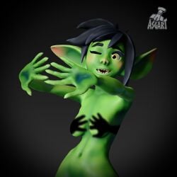 goblin goblin_female goblin_girl green_skin green_body green 3d 3d_model nude nude_female trend shadow shadow_bra cute cute_face sharp_teeth primitive black_hair covered_nipples upper_body yellow_eyes big_ears belly_button naked naked_female soft stylized