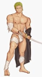 unknown_artist one_piece half_naked half_nude bandage bandages bandaged_arm kimono_removed fundoshi fundoshi_only underwear underwear_only sword swordsman holding_sword barefoot male_feet post-timeskip frown frowning roronoa_zoro bara barazoku bara_tits bara_tiddies bara_body 1boy trapezius male male_only male_focus manly masculine_male gay yaoi solo defined_muscles solo_focus solo_male muscular muscular_male muscles hairless hunk beefy tough_guy bigger_male larger_male tall_male taller_male broad_shoulders scar scar_on_face scar_across_eye green_hair earrings japanese_male pirate big_dick_energy