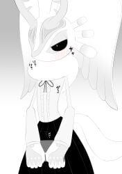 2022 absurd_res ahab_null alien anthro antlers biped black_sclera blush blush_lines chaos_elfilis chest_tuft chinchillid clothed clothing crossdressing_male digital_drawing_(artwork) digital_media_(artwork) dress erection erection_under_clothing femboy fluffy fluffy_tail greyscale head_wings hi_res horn huge_wings japanese_text kirby_(series) kirby_and_the_forgotten_land male mammal monochrome mouthless narrowed_eyes neck_tuft nintendo portrait pupils rodent simple_background solo starling_(kirby) tail tenting text three-quarter_portrait three-quarter_view tuft unusual_wing_placement white_background white_pupils wings