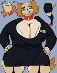ahoge anthro anthro_female big_breasts breasts business_suit collar dog dog_girl furry furry_female glasses green_eyes heels hordra_art huge_breasts name_tag original original_character panties panties_visible_under_skirt pencil_skirt red_collar red_heels stockings suit tail wagging_tail