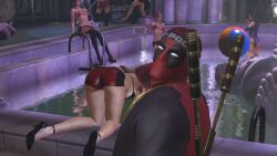 1male 3d 3d_(artwork) 3dcg 6girls absurd_res all_fours ass_cleavage ass_focus beautiful_women belted_shorts beltshorts bikini_top black_high_heels black_stockings breaking_the_fourth_wall cleavage cutscene deadpool deadpool_(game) heavenly_ass heavenly_body high_heels highres huge_breasts leaning_forward leaning_to_the_side leotard looking_at_viewer marvel number-1_fan_girl plaid_miniskirt plaid_skirt pool pool_party psylocke purple_leotard red_bikini_top red_miniskirt red_shorts red_skirt shorts skirt stockings superheroine tartan_skirt underboob unnamed_characters wholesome
