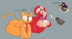 1girls 2boys annoyed_expression anthro balls big_breasts bratti_(gremlingrounded) cum cum_on_breasts cumshot erection ghostivious ghostivous huge_ass lovedoll_toy_factory merri_(gremlingrounded) penis security_guard smug thick_thighs tongue_out unknown_artist