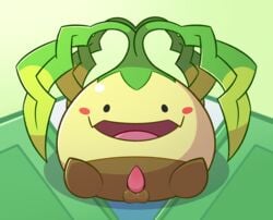 anthro balls blush flora_fauna genitals hi_res male male_only neitsuke nexomon nexomon_(species) onin plant presenting sitting smile solo spread_legs spreading video_games waddling_head