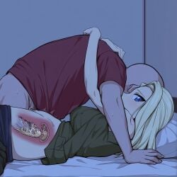 ai_generated bed big_breasts blonde_hair blue_eyes clara_(girls_und_panzer) creature_inside cross_section cum cum_inside edit edited girls_und_panzer insect insects larvae maggot night parasite penis semen_in_pussy semen_in_uterus sex x-ray