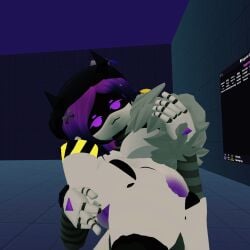1boy 1femboy 1futa 3d :3 beanie boobs cakeboi96 espeeyy femboy futa_on_femboy futa_on_male futanari gray_hair hand_on_head hickey kissing_neck murder_drones n_(murder_drones) neck_kiss neck_kissing nipples purple_background purple_hair romantic tits uzi_(murder_drones) vrchat vrchat_avatar vrchat_media vrchat_model
