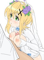 1boy absurdres akatsuki_kirika blonde_hair blush breasts breasts_out bridal_veil choker clothing cum dress ejaculation eyebrows_visible_through_hair facial female flower gloves green_eyes hair_flower hair_ornament highres inai_uchi large_breasts looking_up nipples no_bra open_mouth outercourse paizuri rose senki_zesshou_symphogear shiny shiny_hair short_hair simple_background sketch upper_body veil wedding_dress white_background white_gloves x_hair_ornament