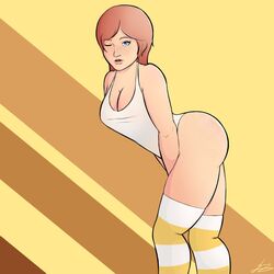 1girls blue_eyes blush blushing blveberrydraws brown_hair female fortnite freckles looking_at_viewer one_eye_closed onesie_(fortnite) partially_clothed stockings tagme