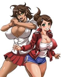 10s 2girls alternate_breast_size asahina_aoi big_breasts blush breasts brown_hair cleavage danganronpa danganronpa:_trigger_happy_havoc danganronpa_1 danganronpa_2:_goodbye_despair dark_skin erect_nipples female female_only green_eyes hair_ornament hairclip huge_breasts jacket large_breasts long_hair multiple_females multiple_girls musashino_sekai no_bra open_clothes open_mouth open_shirt owari_akane ponytail shirt shorts simple_background skirt smile super_danganronpa_2 track_jacket white_background