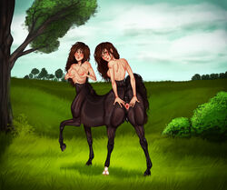 2020 animal_genitalia animal_pussy anus big_breasts black_body breast_fondling breasts centaur conjoined crotchboobs duo equid equid_taur equine_pussy female field fondling genitals hand_on_breast looking_at_viewer looking_back looking_back_at_viewer mammal mammal_taur multi_arm multi_breast multi_head multi_limb multi_torso nipples nude outside piippujalka presenting presenting_pussy pussy raised_leg self_fondle spread_pussy spreading taur unusual_anatomy